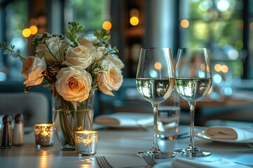 Elegant table setting with roses in restaurant. Selective focus. Romantic dinner setting with candles on table in restaurant.