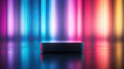 Wall Mural - a sleek box on a reflective surface surrounded by vibrant, colorful lights creating a modern, dynami