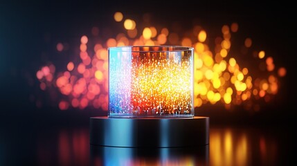 Wall Mural - a vibrant glass container filled with glowing particles against a blurred bokeh background, evoking 