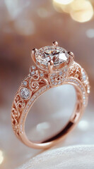 Wall Mural - Elegant vintage-style diamond ring with intricate details on a soft-focus background.
