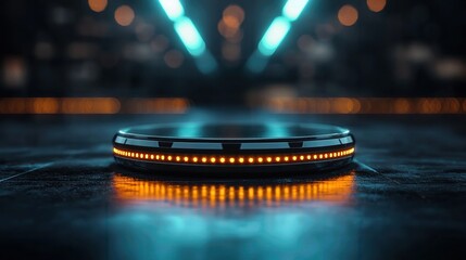 Wall Mural - futuristic platform with glowing orange lights, set in a high-tech environment, creating a striking 