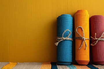 Modern bright color yoga mat rolled up on a clean beige background with copy space.