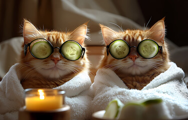 Two cats in glasses with cucumbers on their eyes.