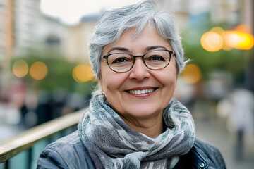 Wall Mural - Smiling portrait of senior woman looking at camera outdoor. Head shot of 60 year old woman over urban background.