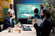 © DC Studio - Staff members reviewing trends helping in making decisions to corelate with business goals. Forecast associates working together to meet project deadline, examine organizational data.