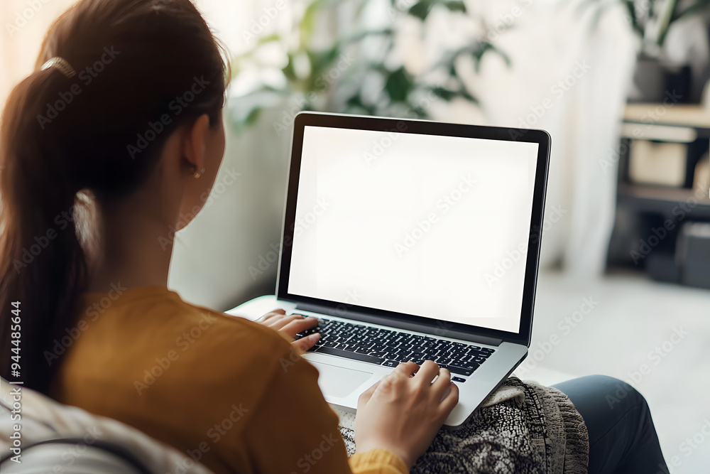 Young woman using laptop computer at home. Blank empty white screen ...