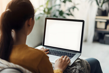 young woman using laptop computer at home. blank empty white screen mock up. freelance, student life
