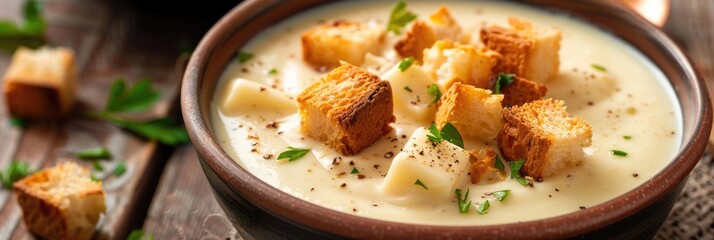 Wall Mural - Creamy cheese soup served with crunchy croutons for dinner.