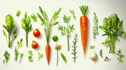 Fresh Harvest: A vibrant and colorful flat lay of fresh vegetables and herbs, showcasing the bounty of nature and the essence of healthy eating.  