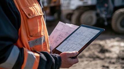 Wall Mural - A site supervisor reviewing blueprints on a tablet while holding printed plans at a construction site