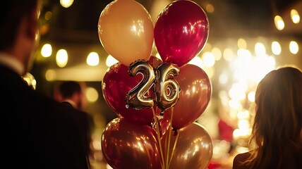 An elegant 26th birthday celebration featuring a bunch of sparkling balloons with bokeh lights in the background, creating a festive and luxurious atmosphere.