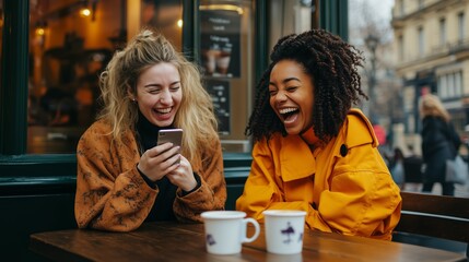 Wall Mural - Two friends enjoy coffee and laughter at a cozy cafe in the city on a chilly afternoon while sharing funny moments on a smartphone