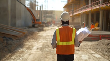 Wall Mural - A site supervisor with blueprints in hand walking through a construction site