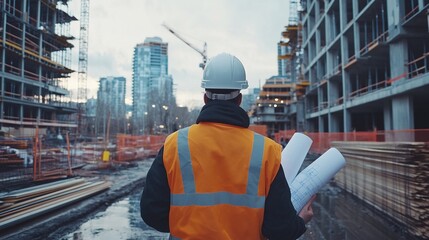 Wall Mural - A site supervisor with blueprints in hand walking through a construction site