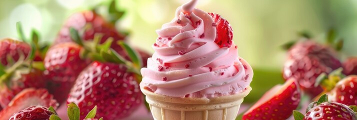 Wall Mural - Savor the joys of summer with an image showcasing a hand-crafted ice cream cone topped with fresh strawberries, perfect for a healthy breakfast or a luxurious treat.