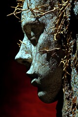 A man's face is made of stone and has gold leaves on it. The face is cracked and broken, giving it a sense of decay and destruction. The gold leaves add a touch of elegance