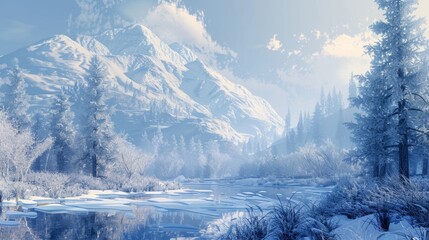 Wall Mural - big snow covered mountain with pine trees in winter