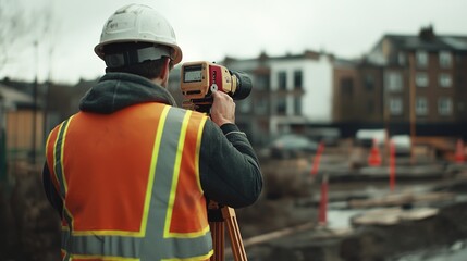 Wall Mural - A site surveyor in a hard hat and reflective vest taking measurements with a theodolite on-site