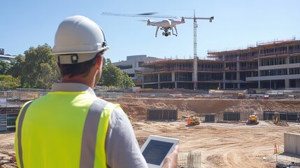 Wall Mural - A site surveyor using a drone to capture aerial footage of a construction site for detailed surveying