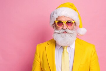 A festive celebration featuring a cheerful elderly man in a bright yellow suit and Santa hat with stylish glasses, set against a playful pink background during the holiday season. Generative AI