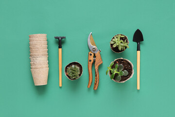 Wall Mural - Gardening tools with rake, shovel and peat pots on green background. Top view