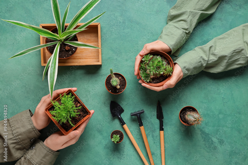 Female hands with plants and gardening tools on green grunge background. Top view