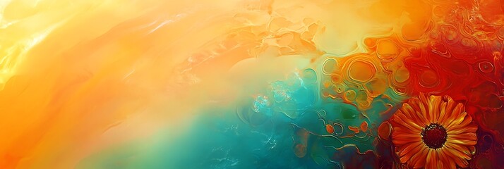 Abstract painting with yellow, orange, red, and blue colors.