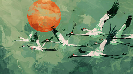 composition of birds swarm flying in the sky artwork, soft pastel colors, brush strokes 2d painting, artistic for print