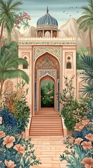 Wall Mural - Mughal Garden illustration,Mughal Garden elements collection,Mughal Garden wedding invitation,Mughal Garden frame