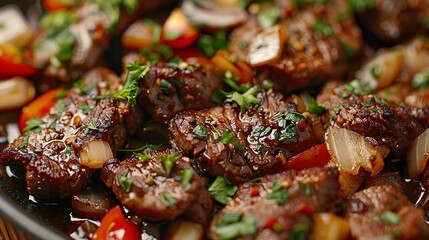 Wall Mural - Close up beautifully cooked meat, appetizing look, hot seasoning: spices: onions and chopped tomatoes.