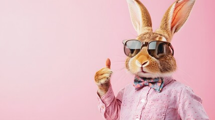 Wall Mural - A large Easter bunny wearing a shirt and a bow tie shows his thumb. A hare wearing sunglasses looks at the camera on a pink background. Banner. Place for text
