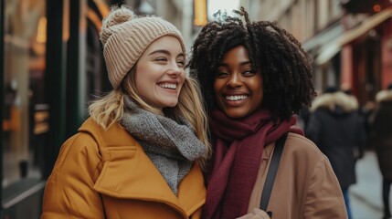 Wall Mural - Two friends smile joyfully while exploring a vibrant city street during winter, bundled in cozy scarves and warm jackets