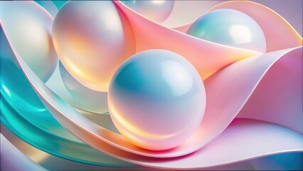 Soft hues and luminous spheres intertwine in a delicate dance of color and form, creating an abstract composition reminiscent of playful light reflections and gentle movement. Generative AI