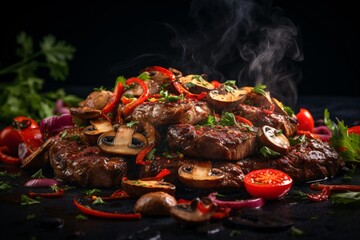 Wall Mural - Juicy roasted meat and mushrooms, appetizing look, hot seasoning vegetables.
