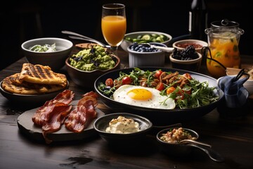 Brunch spread with a variet of dishes pastries. Village Breakfast with pastries, vegetables, greens, spreads, cheeses, fried eggs, jams.
