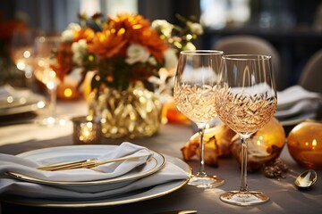 Wall Mural - Elegant table setting with candles in restaurant. Selective focus. Romantic dinner setting with candles on table in restaurant.