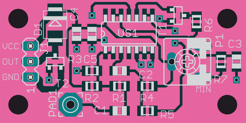 Wall Mural - Vector printed circuit board of electronic 
device with components of radio elements, 
conductors and contact pads placed on pcb. 
Engineering technical drawing.