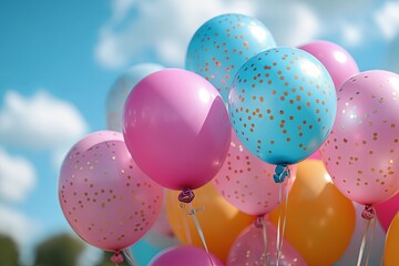 Colorful balloons with golden confetti drift in a blue sky with fluffy clouds, ideal for any joyful occasion. Generative AI