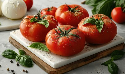 Fresh tomatoes stuffed with creamy cheese, topped with basil leaves and a drizzle of olive oil. Free copy space for banner.