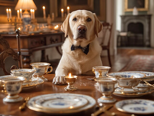 Canvas Print - A dog is sitting at a table with a bunch of fancy dishes and a lit candle. The scene is elegant and sophisticated, with the dog adding a touch of whimsy to the setting