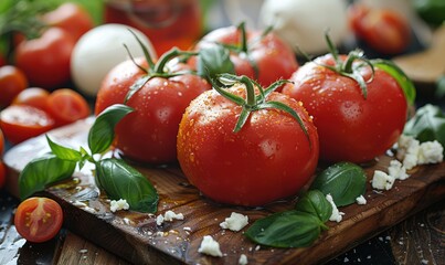 Wall Mural - Fresh tomatoes stuffed with creamy cheese, topped with basil leaves and a drizzle of olive oil. Free copy space for banner.