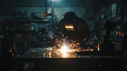 A welder in a dimly lit workshop welding a metal sheet with bright sparks illuminating the area