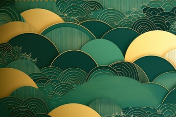 Abstract Green and Gold Pattern with Geometric Shapes and Layers. Japanesse Style Wallpaper