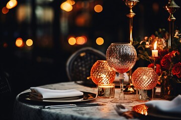 Elegant table setting with candles in restaurant. Selective focus. Romantic dinner setting with candles on table in restaurant.