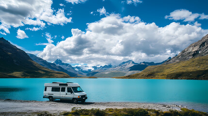 Camper van parked by scenic mountain lake under blue sky.