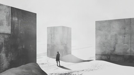 Wall Mural - Silhouette of a woman standing in a concrete landscape.