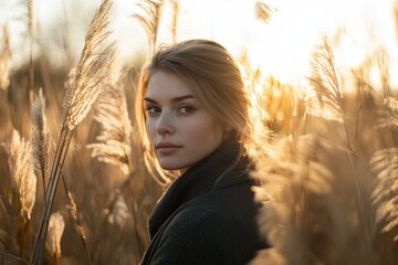 Sticker - Young woman in a field of tall grass during golden hour, gazing thoughtfully towards the horizon in soft sunlight