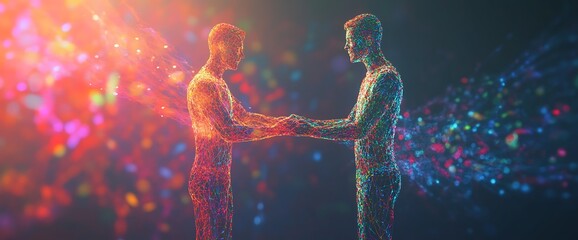 two men standing with hands clasped, composed of brightly colored particles on a dark background wit