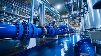 A row of large blue pipes in an industrial setting, with a wet floor and other pipes in the background.