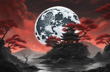 Luminous Red leaves night moon. Tropical forest. serene night scene with a full moon illuminating red maple trees against a black sky vector painting art illustration images. Asian culture concept